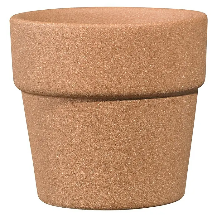 Soendgen Keramik Übertopf rund Lima - Außenmaß (Ø x H): 7 x 7 cm, Strukturterra, Keramik, Matt - Nahaufnahme eines Terrakotta-Blumentopfs mit rauher Textur, ideal für den Innen- und Außenbereich.