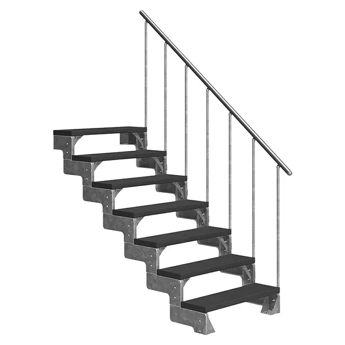 Dolle Außentreppe Gardentop - Trimaxstufen, Anthrazit, Feuerverzinkte Geländerstäbe, Breite: 100 cm, Anzahl Stufen: 7 Stk., Geschosshöhe: 126 cm - 154 cm - Treppe mit sechs Stufen und silberfarbenem Geländer für den Innenbereich.