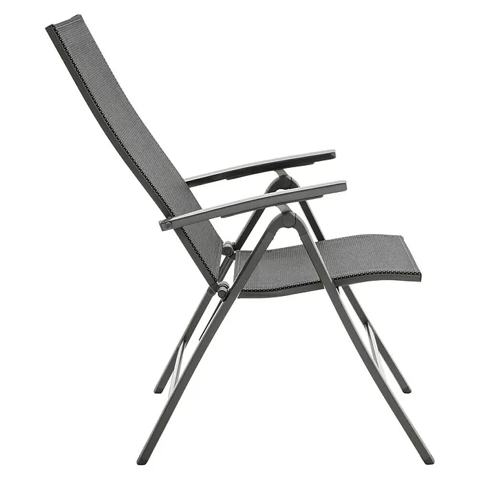 Sunfun Maja Garten-Positionssessel - Aluminium, Textilen, Rückenlehne verstellbar, Anthrazit, B x T x H: 61 x 68 x 110 cm - Ein grauer, klappbarer Gartenstuhl mit Armlehnen und hoher Rückenlehne, ideal für entspanntes Sitzen im Freien.