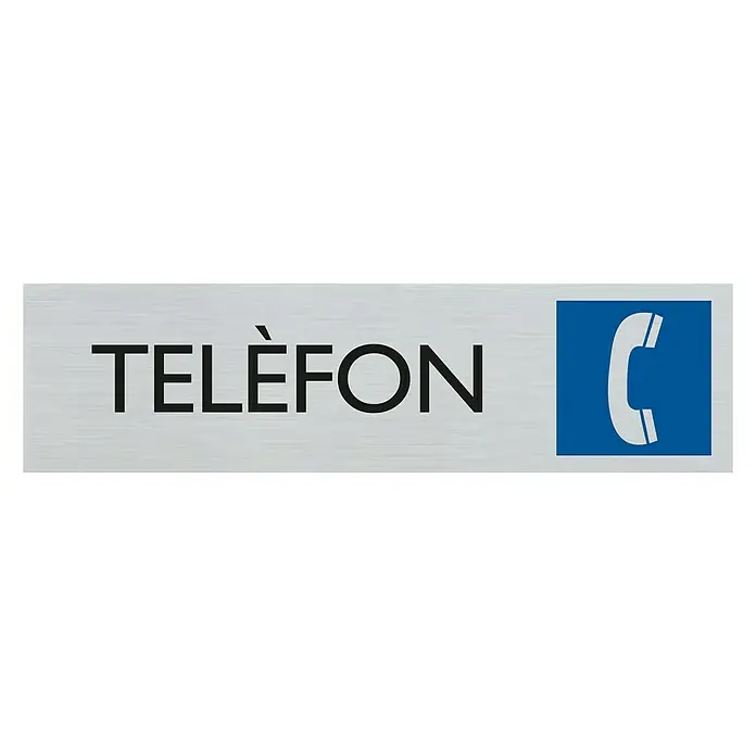 Pickup Rótulo catalán - Plateado, Motivo: Teléfono - Un letrero plateado con la palabra "TELEFON" y un icono de teléfono azul, que indica un teléfono público.