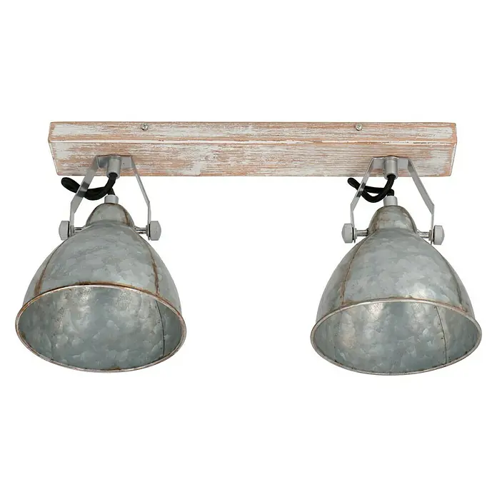 Tween Light Foglio Deckenstrahler - 40 W, L x B x H: 44 x 19 x 21 cm, Silber, E27, Anzahl Leuchtmittel: 2 Stk. - Deckenleuchte mit zwei Industrie-Metallschirmen und einer rustikalen Holzhalterung für eine stilvolle Beleuchtung.