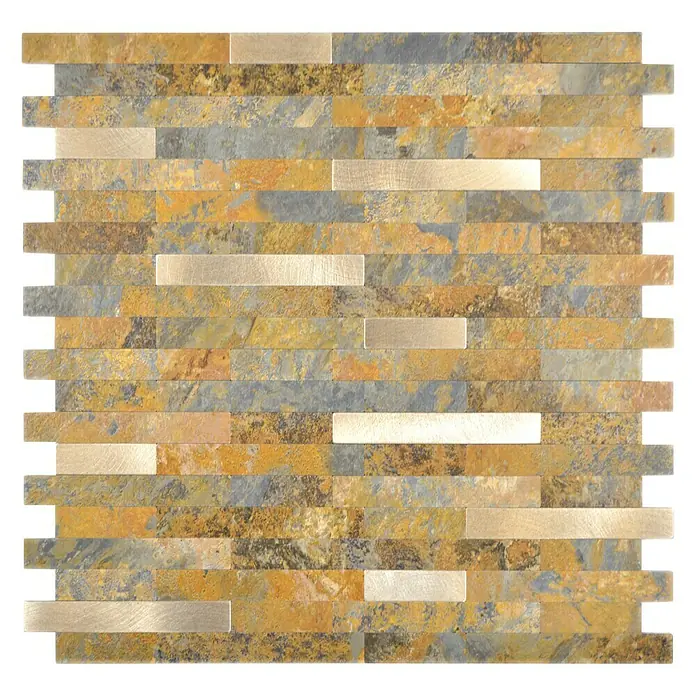 Selbstklebemosaik SAM 4IL28MSG - 30 x 29 cm, Gold/Bronze, Matt - Wandfliese aus Stein und Metall in einem horizontalen Streifenmuster.