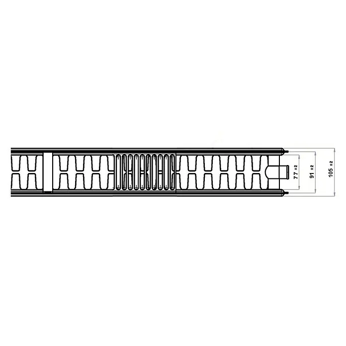 Flachheizkörper - B x H: 800 x 400 mm, Wärmeleistung bei Vorlauftemperatur von 75 °C (D: 50): 948 W, Typ Heizkörper: 22 - Darstellung eines Wandpaneels mit Maßen. Die Sandwichbauweise ist mit den angezeigten Abmessungen detailliert.