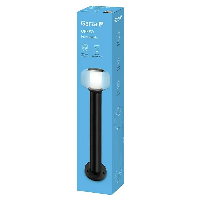 Garza Lámpara de pie para exterior LED Orfeo - 12 x 12 x 60 cm, Negro, GU10 - Embalaje del producto de una farola de exterior "Garza Orfeo". Iluminación exterior elegante, ideal para jardín y patio.