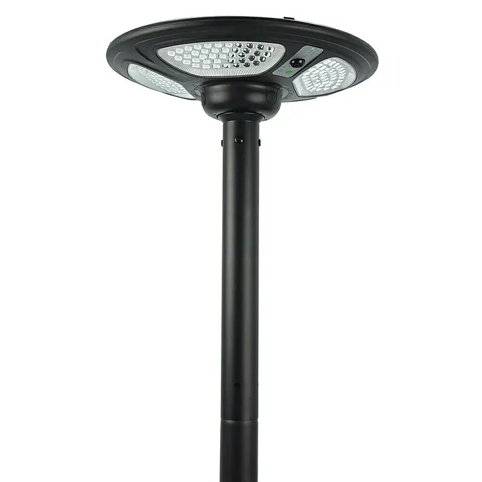 Garza Farola solar Icaro - Altura: 265,5 cm, Negro, IP54, Blanco cálido - Imagen exterior de una lámpara solar negra con luminaria LED redonda y soporte sobre fondo negro, diseñada para uso exterior.