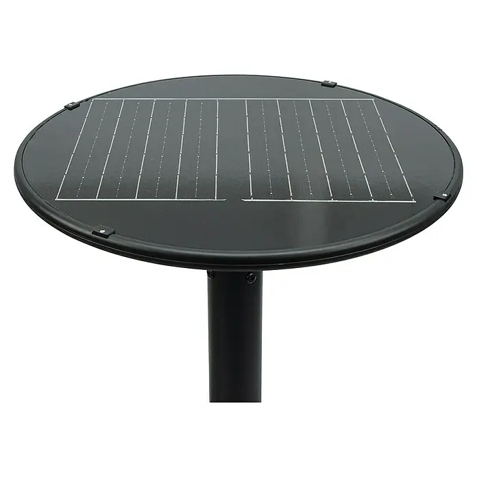 Garza Farola solar Icaro - Altura: 265,5 cm, Negro, IP54, Blanco cálido - Primer plano de un panel solar redondo negro montado en un poste.
