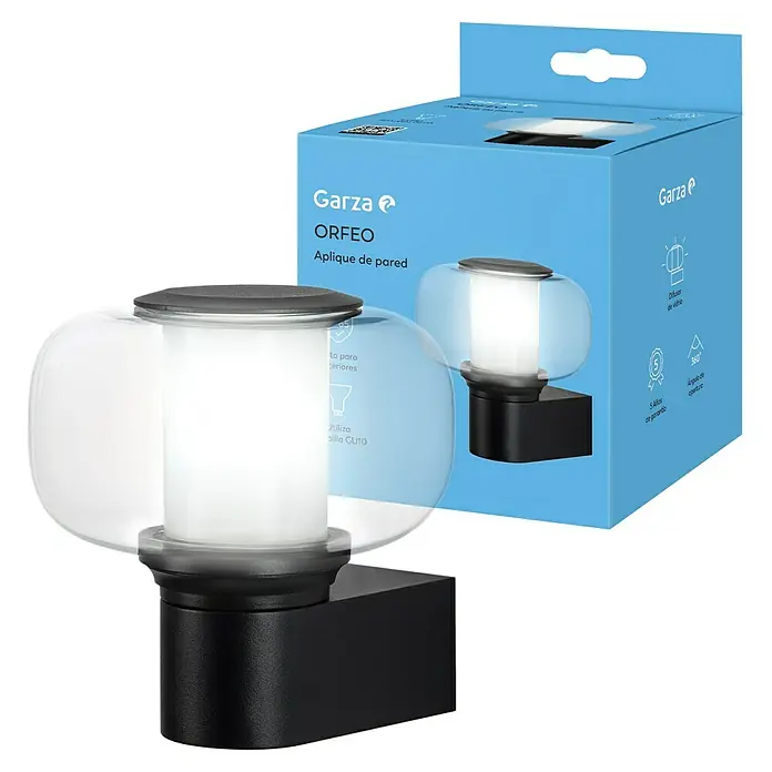 Garza Aplique exterior LED Orfeo - 35 W, 15 x 15 x 16 cm, Negro, IP65 - Imagen del producto de la lámpara de pared Garza ORFEO, con un difusor transparente y aspecto moderno, ideal para zonas exteriores elegantes.