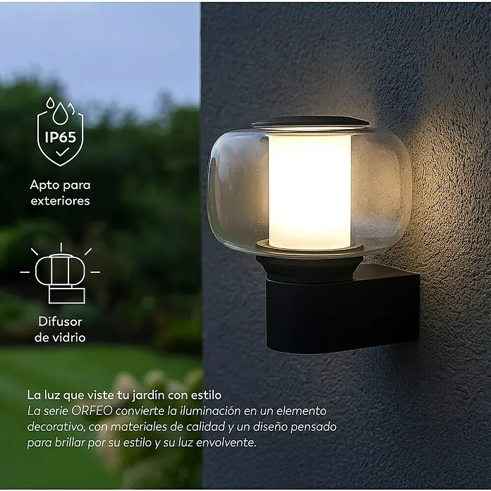 Garza Aplique exterior LED Orfeo - 35 W, 15 x 15 x 16 cm, Negro, IP65 - Elegante aplique de pared para exteriores ORFEO con protección IP65 y difusor de vidrio. El diseño transforma la iluminación en un elemento decorativo.