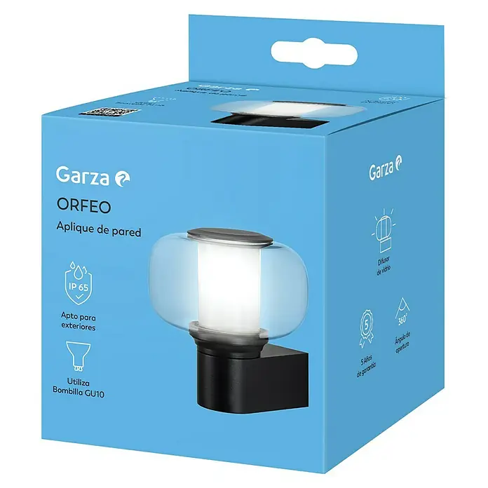 Garza Aplique exterior LED Orfeo - 35 W, 15 x 15 x 16 cm, Negro, IP65 - Primer plano del embalaje para una lámpara de pared Garza Orfeo, prometiendo una iluminación exterior elegante con un difusor de vidrio y bombilla GU10.