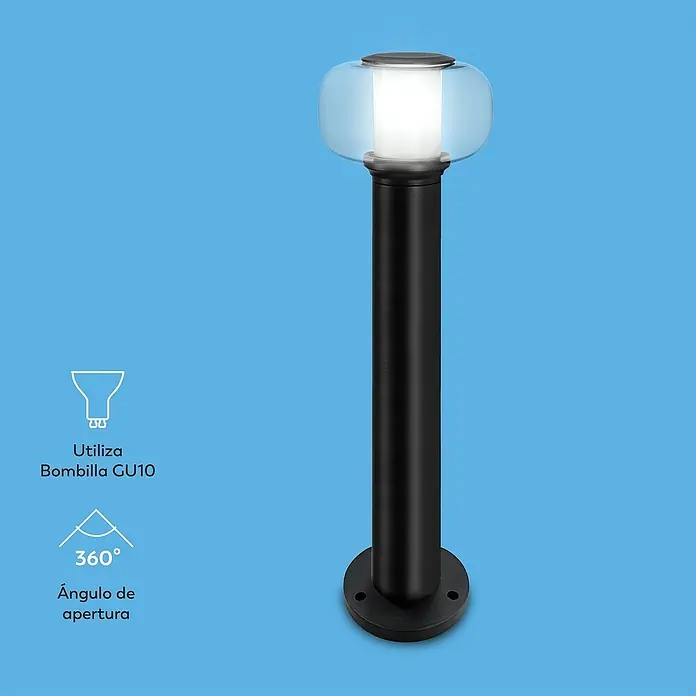 Garza Lámpara de pie para exterior LED Orfeo - 12 x 12 x 60 cm, Negro, GU10 - Vista del producto de una lámpara de exterior negra con pantalla esférica y transparente.