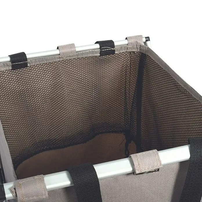 MSV Cesta de ropa - L x An x Al: 35 x 56 x 58 cm, Gris oscuro - Primer plano de la cesta de compra plegable con tela gris y malla negra, sujeta a un marco plateado con velcro.