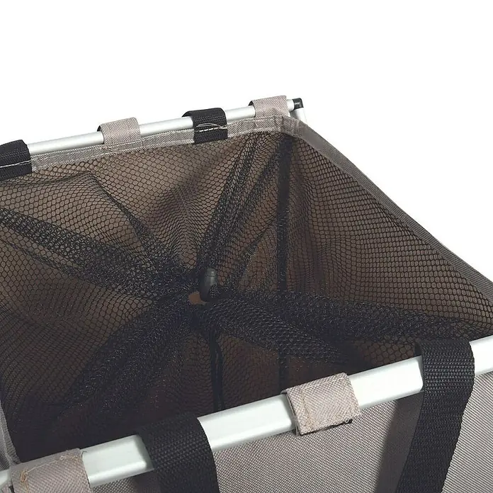MSV Cesta de ropa - L x An x Al: 35 x 56 x 58 cm, Gris oscuro - Detalle interior de un cesto de ropa gris con cubierta de red, soportado por barras plateadas y sujetado con correas negras.