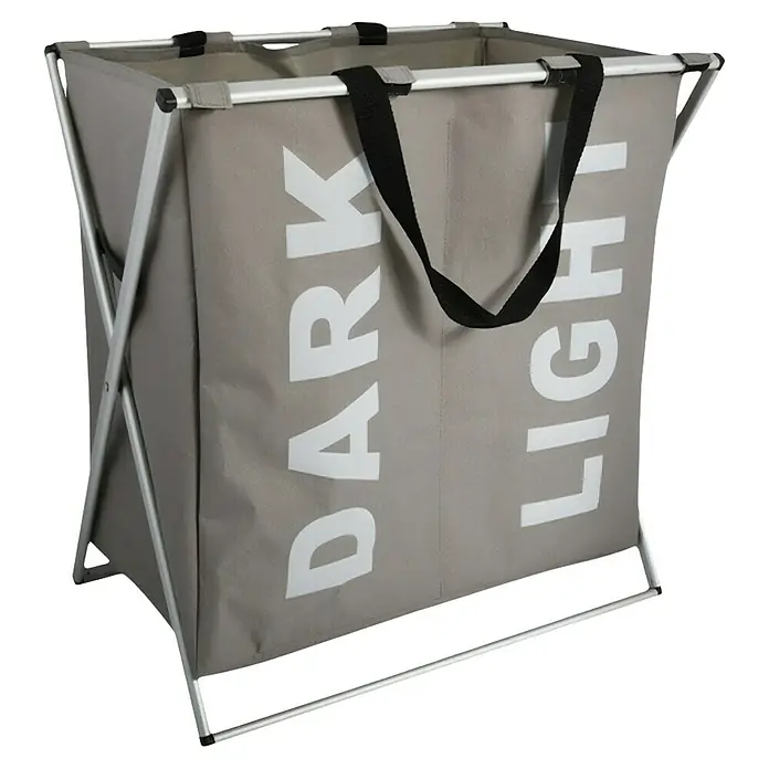 MSV Cesta de ropa - L x An x Al: 35 x 56 x 58 cm, Gris oscuro - Un cesto de ropa sucia gris con las palabras "Oscuro" y "Claro" impresas, ideal para preclasificar la ropa antes de lavarla.