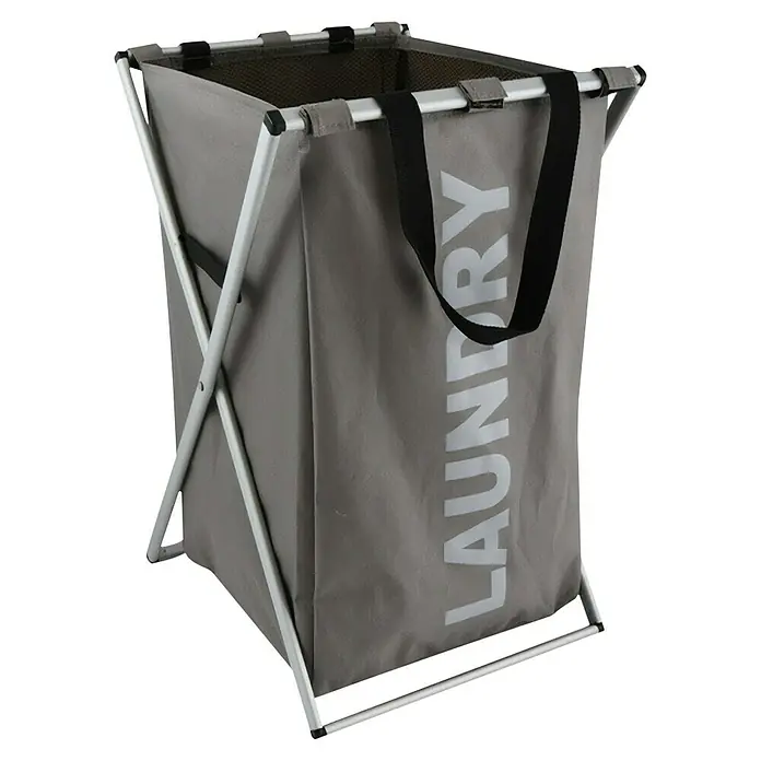 MSV Cesta de ropa - L x An x Al: 36 x 36 x 60 cm, Gris oscuro - Cesto de ropa sucia gris con la palabra "Laundry" impresa y correas negras. La cesta para la ropa tiene un marco de metal.