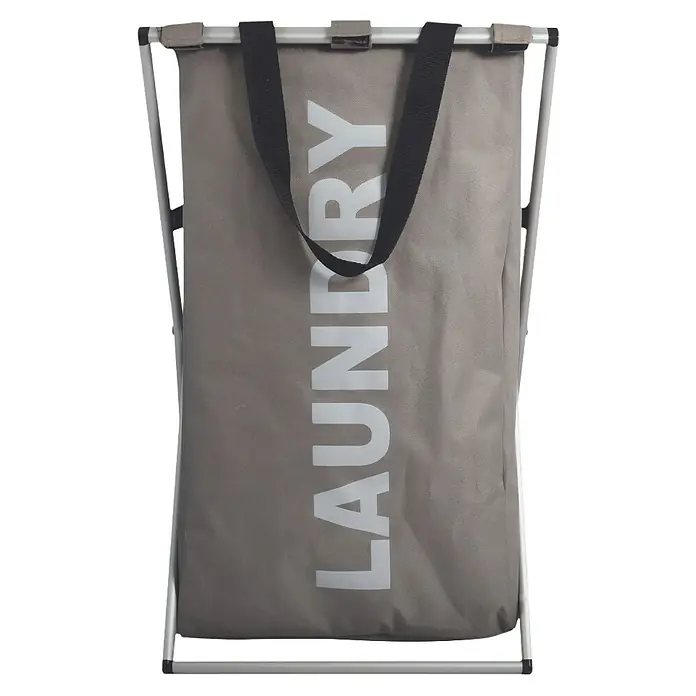 MSV Cesta de ropa - L x An x Al: 36 x 36 x 60 cm, Gris oscuro - Cesto de ropa sucia con asas negras y la palabra "LAUNDRY" en letras blancas grandes sobre tela gris, sujeto en un marco plateado.