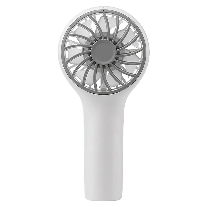 Cristal Record Ventilador de batería de mano Travel - 6,3 x 13,4 cm, Blanco - Primer plano de un mini ventilador portátil blanco con rejilla gris, ideal para refrescarse en movimiento.