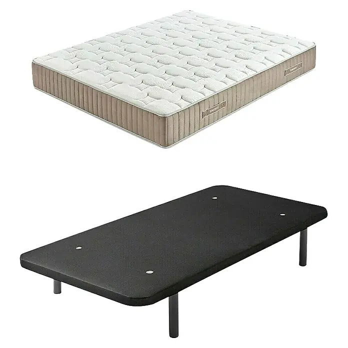 Unique Estructura de cama y colchón Toronto - L x An: 190 x 160 cm, Gris, Núcleo de muelles, Colchón a 2 caras/Antiácaros/Transpirable - Imagen del producto de un colchón combinado con una base beige. El colchón es de color claro y tiene un patrón acolchado.