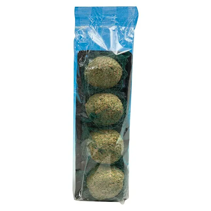 CocoBird Meisenknödel Frucht - Mit Früchten - Eine Packung mit vier Fettkugeln für Wildvögel in einem durchsichtigen Plastikbeutel mit blauem Rand.