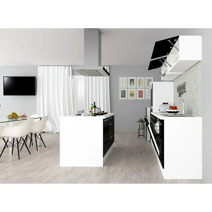 Respekta Premium Cocina de isla Amanda - Ancho: 280 cm, Blanco/Negro, Con electrodomésticos - Cocina moderna con elementos blancos y negros, incluyendo una isla de cocina y armarios de pared. El espacio es luminoso y minimalista.