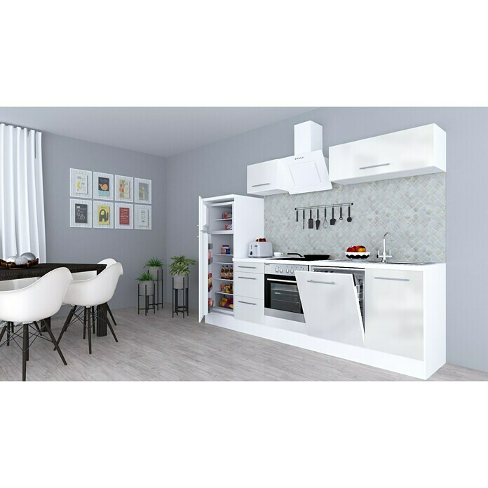 Respekta Premium Composición de cocina (Ancho: 280 cm, Con dispositivos eléctricos, Blanco de alto brillo)