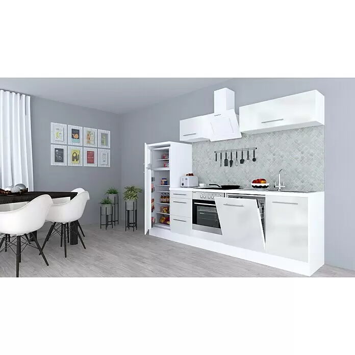Respekta Premium Composición de cocina Amanda Alto - Ancho: 280 cm, Blanco, Con electrodomésticos - Cocina modular moderna blanca con nevera abierta, horno, lavavajillas, fregadero y armarios altos.