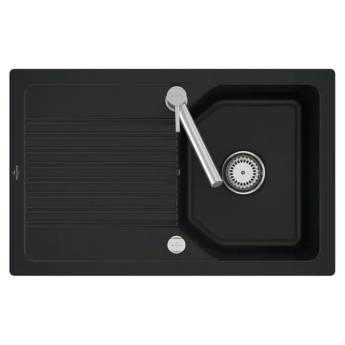 Villeroy & Boch Einbauspüle Linara - 80 x 51 cm, Keramik, Schwarz - Schwarze Villeroy & Boch Keramikspüle mit Abtropffläche und Edelstahlarmatur, eine moderne Ergänzung für jede Küche.