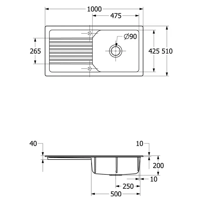 Villeroy & Boch Einbauspüle Linara - 100 x 51 cm, Keramik, Schwarz - Technische Zeichnung einer Küchenspüle mit verschiedenen Maßangaben für die Installation. Die Spüle hat ein rundes Becken und ein Abteil zum Abtropfen.