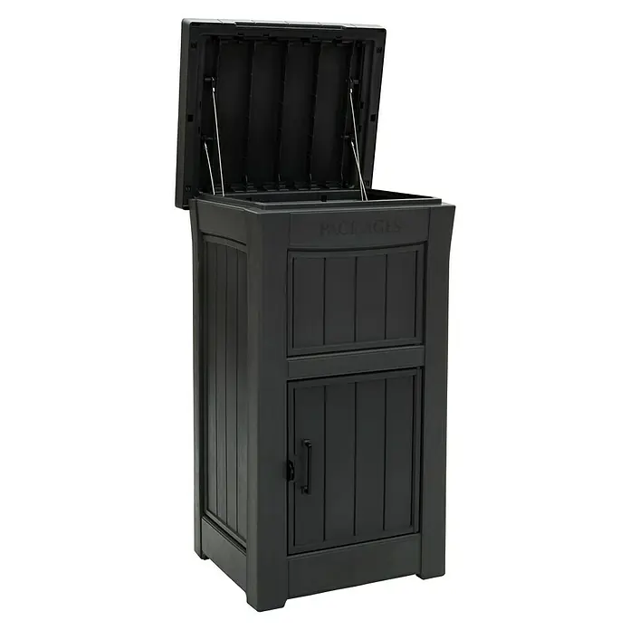 Keter Garten-Aufbewahrungsbox Paketbox ParcelDropBox - 62,1 x 62,1 x 112 cm, Grau - Schwarze, wetterfeste Paketbox mit aufklappbarem Deckel und abschließbarer Tür zur sicheren Aufbewahrung von Lieferungen.