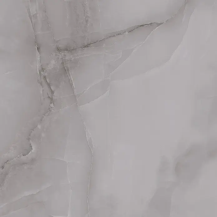 Feinsteinzeugfliese Royal Onyx - 60 x 120 cm, Dark Grey, Glänzend - Nahaufnahme einer grauen Onyx-Fliese mit eleganten Marmorierungen, ideal für luxuriöse Innenräume.