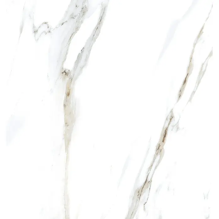 Feinsteinzeugfliese Calacatta - 60 x 120 cm, Weiß/Gold, Glänzend - Elegante Marmorfliese mit weißen und braunen Adern, ideal für stilvolle Innenräume. Die hochglänzende Oberfläche sorgt für eine luxuriöse Optik.