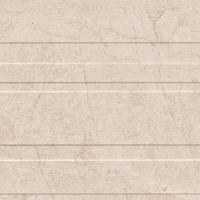 Wandfliese Lorena - 40 x 120 cm, Struktur Bone, Matt - Beige Wandfliese mit horizontalen Rillen und subtiler Textur. Ideal für moderne Innenräume und als stilvolle Wandgestaltung.