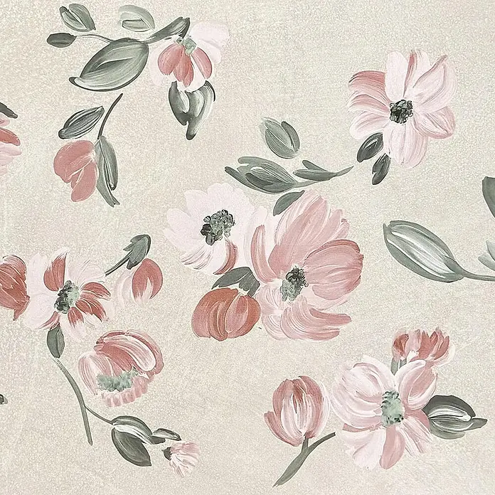 Corso Italia Wandfliese Lexington Jade - 80 x 40 cm, Beige/Rot/Grün, Matt - Zartes Blumenmuster mit rosa und grünen Akzenten auf einem beigen Hintergrund, ideal für frühlingshafte Dekorationen und Textilien.