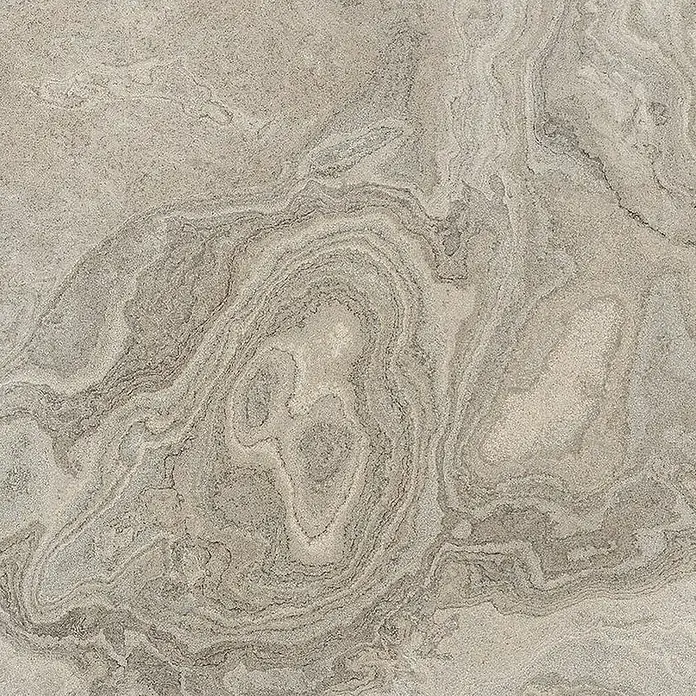 Terrassenfliese Porcea - 60 x 90 x 2 cm, Eramosa, Matt - Nahaufnahme einer Fliesenoberfläche mit einem gewundenen, marmorähnlichen Muster in Grau- und Beigetönen, ideal für moderne Innenräume.
