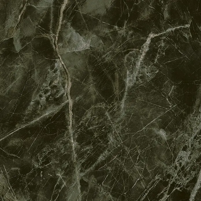 Feinsteinzeugfliese Luxury Marble Green - 79 x 79 cm, Grün, Glänzend - Strukturierter grüner Marmor mit filigranen weißen Adern. Ideal für elegante Innenräume und Oberflächengestaltungen.