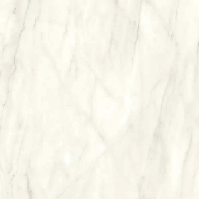 Feinsteinzeugfliese Luxury Marble Calacatta - 60 x 60 cm, Weiß/Grau, Matt - Detailaufnahme einer Marmorplatte in Weiß und Beige mit filigranen, natürlichen Maserungen für elegante Inneneinrichtung.