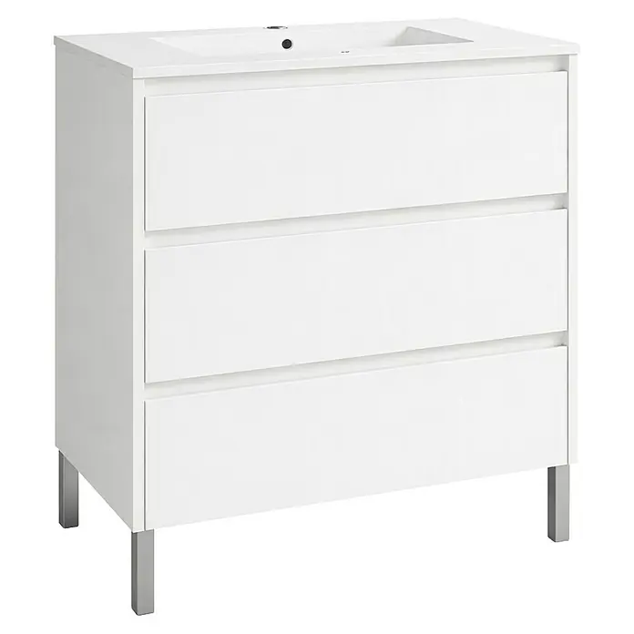 Mueble bajo de lavabo Alexa - L x An x Al: 45 x 80 x 85 cm, Blanco - Mueble de baño blanco con tres cajones y un diseño moderno para un baño elegante.