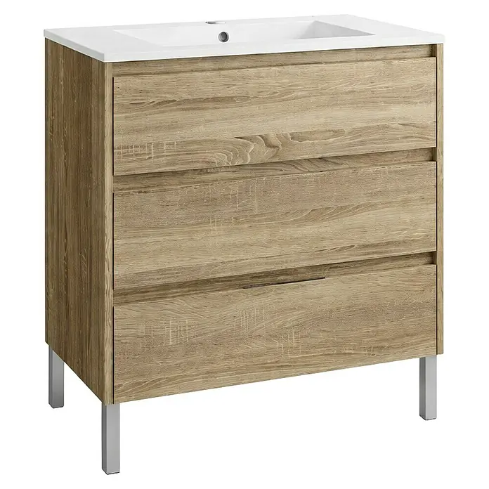Mueble bajo de lavabo Alexa - L x An x Al: 45 x 100 x 85 cm, Roble - Diseño moderno de mueble de baño con tres cajones y un lavabo blanco encima.