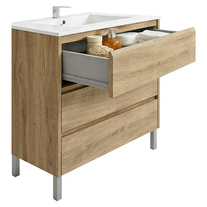 Mueble bajo de lavabo Alexa - L x An x Al: 45 x 100 x 85 cm, Roble - Moderno mueble de baño con cajón abierto y diseño elegante para el baño.