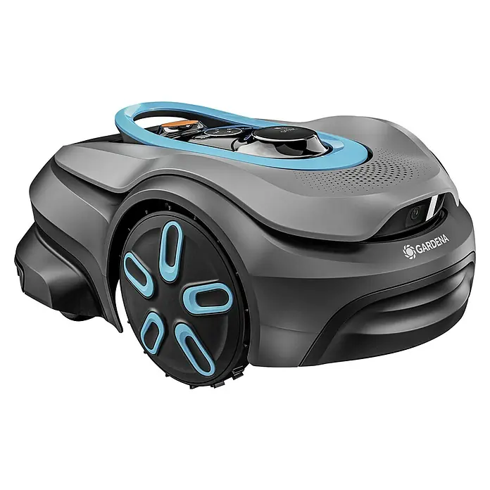 Gardena Mähroboter Smart Sileno Sense - 400 m², Schnittbreite: 16 cm, Kamera-gestützte Navigation, GPS - Das Bild zeigt einen grauen Gardena Mähroboter mit blauen Akzenten. Der Roboter steht auf einem schwarzen Hintergrund und ist gut ausgeleuchtet.