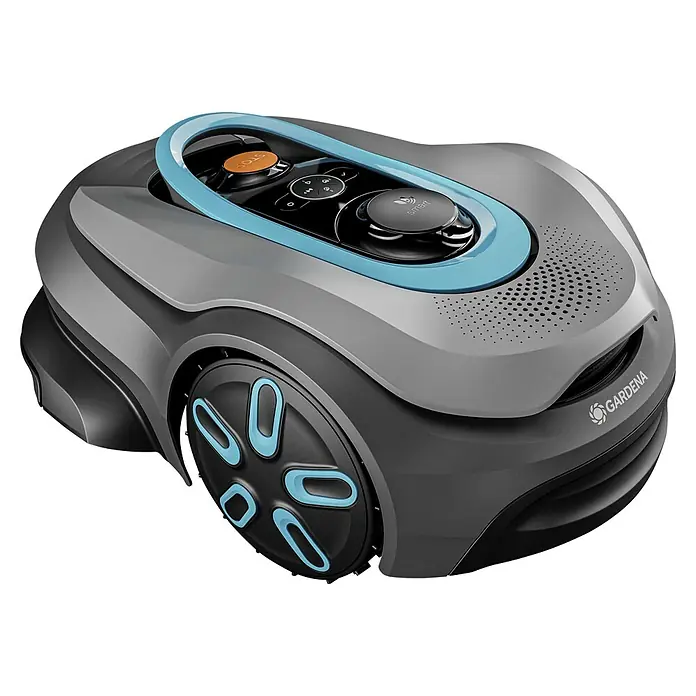 Gardena Mähroboter Smart Sileno Sense - 400 m², Schnittbreite: 16 cm, Kamera-gestützte Navigation, GPS - Das Bild zeigt einen Gardena Mähroboter in Grau und Schwarz mit blauen Akzenten. Das Gerät verfügt über eine intuitive Bedienoberfläche.
