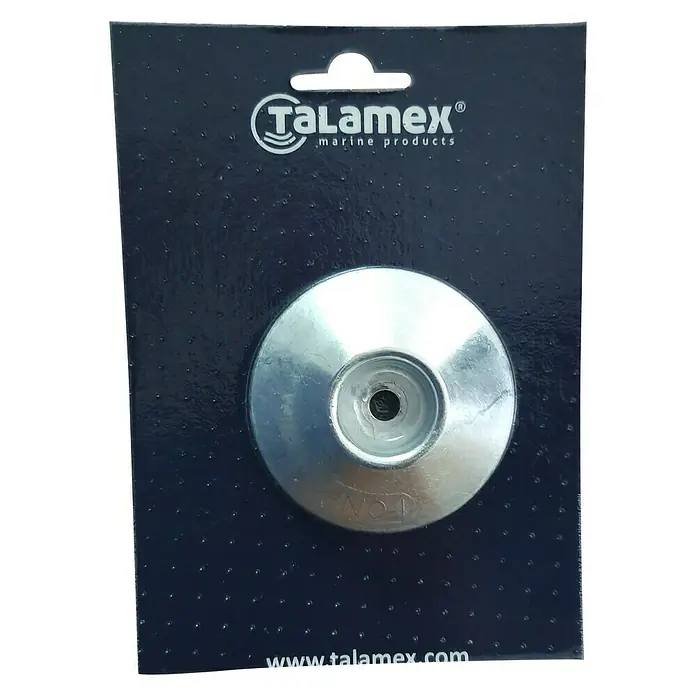 Talamex Ruderblattanode - Zink, Durchmesser: 70 mm, Salzwasser, Lochdurchmesser: 8 mm - Talamex Marine Produkte: Nahaufnahme einer silbernen Gerätehalterung auf einer schwarzen Verpackung mit dem Firmenlogo und der Website-Adresse.