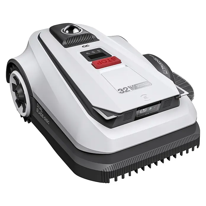 Ecovacs Goat Robot cortacésped A1600 LiDAR Pro - 1.600 m², Ancho de corte: 33 cm, Navegación por láser, LiDAR - Imagen de un robot cortacésped blanco con detalles en negro y la leyenda "Dual Blade-Disc".