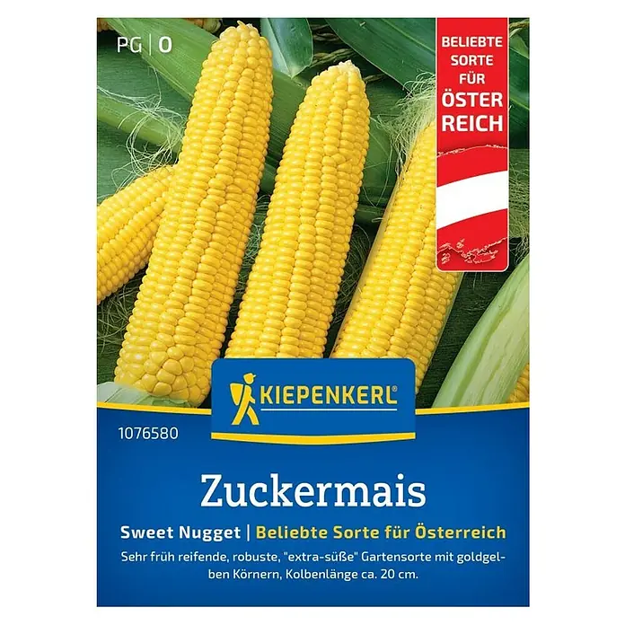 Kiepenkerl Gemüsesamen Zuckermais Sweet Nugget - Zea mays, Erntezeit: August, Inhalt reicht für ca. 25 Pflanzen - Bild einer Packung Zuckermais-Samen der Marke Kiepenkerl, beliebte Sorte für Österreich.