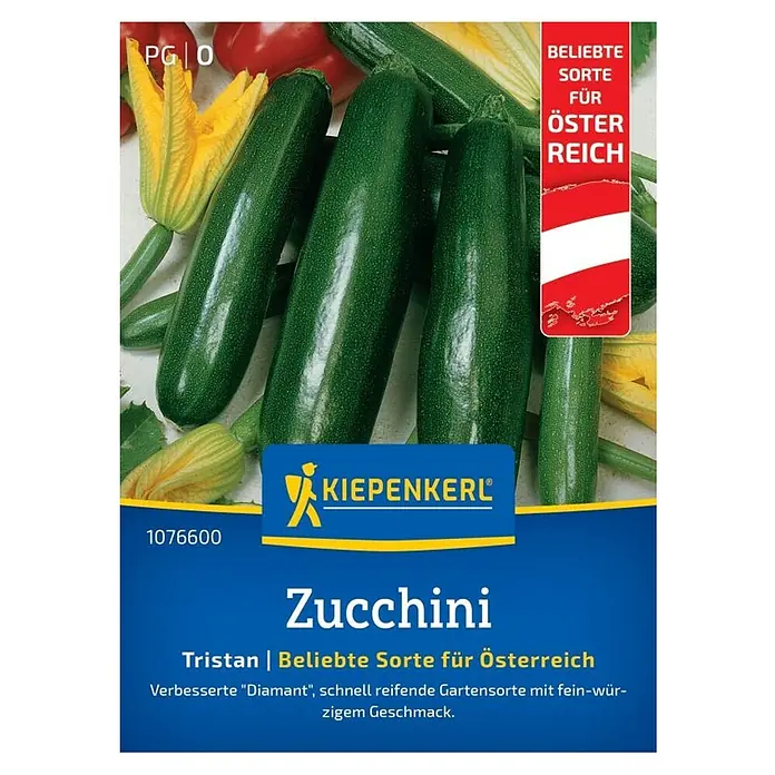 Kiepenkerl Gemüsesamen Zucchini Tristan F1 - Cucurbita pepo, Erntezeit: Juli, Ausreichend Saatgut für gesunde und kräftige Pflanzen - Samentüte Zucchini "Tristan" von Kiepenkerl. Beliebte Sorte für Österreich mit feinem, würzigem Geschmack.