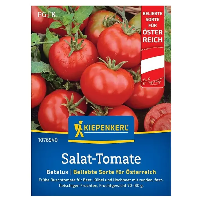Kiepenkerl Gemüsesamen Salat-Tomate Betalux - Solanum lycopersicum, Erntezeit: Juli, Inhalt reicht für ca. 15 Pflanzen - Abbildung der 'Kiepenkerl Betalux' Salat-Tomatensamenpackung, eine beliebte Sorte für Österreich.