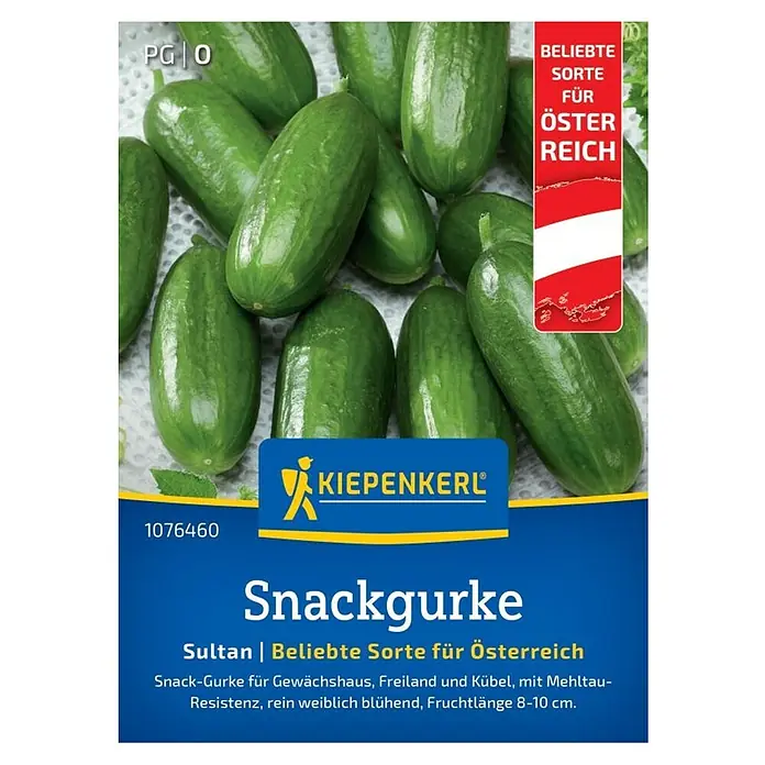 Kiepenkerl Gemüsesamen Snackgurke Sultan F1 - Cucumis sativus, Erntezeit: Juni, Inhalt reicht für ca. 8 Pflanzen - Abbildung der Kiepenkerl Snackgurke 'Sultan' Samenpackung, eine beliebte Sorte aus Österreich.