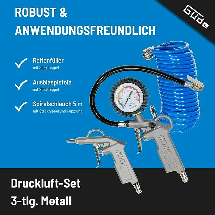 Güde Druckluft-Set - Betriebsdruck: 10 bar, Blau - Abbildung eines Güde Druckluft-Sets, bestehend aus Reifenfüller, Ausblaspistole und Spiralschlauch, ideal für Werkstattarbeiten.