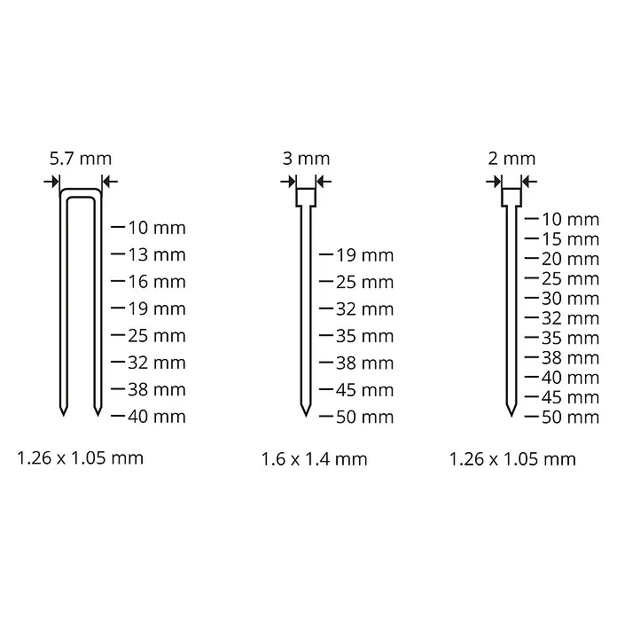 Güde Druckluft-Klammergerät - Schwarz/Blau, Stärke: 1,26 mm - 1,05 mm - Abbildung verschiedener Größen von Klammern und Nägeln mit den jeweiligen Breiten und Längen in Millimetern.