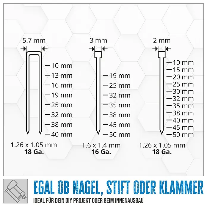 Güde Druckluft-Klammergerät - Schwarz/Blau, Stärke: 1,26 mm - 1,05 mm - Darstellung verschiedener Nageltypen: Klammer, Stift und Nagel, jeweils mit Größenangaben und Drahtstärke für DIY- und Innenausbauprojekte.