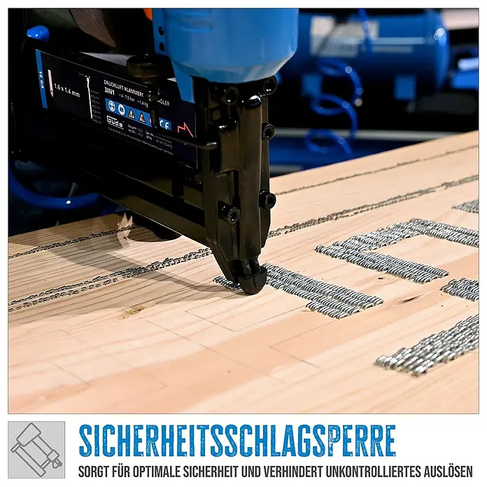Güde Druckluft-Klammergerät - Schwarz/Blau, Stärke: 1,26 mm - 1,05 mm - Bild einer Güde Druckluft-Klammermaschine in Aktion mit Sicherheits-Schlagsperre für optimale Sicherheit beim Nageln.